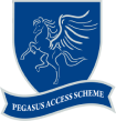 a blue and white crest with a winged horse (a pegasus) on it.