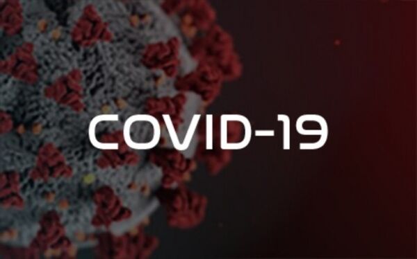 a coronavirus spike protein with the words covid - 19 in bold white font at the centre.