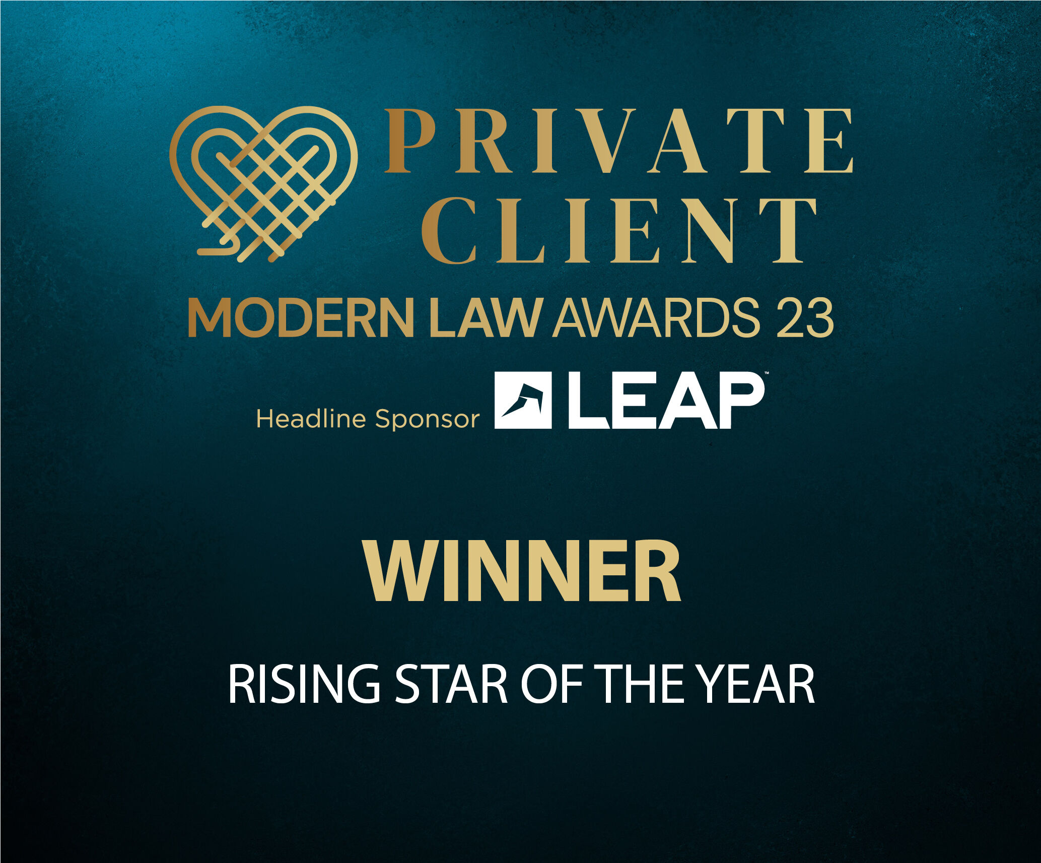 a dark blue background with the words private client modern law awards 23 winner rising star of the year written in gold.