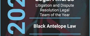 a black, red and blue poster with the words 2023 business awards UK legal awards winner litigation and dispute resolution legal team of the year - black antelope law.