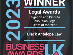 a black, red and blue poster with the words 2023 business awards UK legal awards winner litigation and dispute resolution legal team of the year - black antelope law.