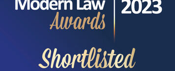 a blue background with the words modern law awards 2023 shortlisted rising star of the year.