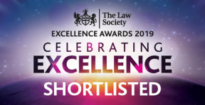 the law society's excellence awards 2019 shortlisted banner containing a cosmic background.