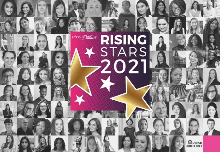 a collage of women's heads and stars with the words rising stars 2021.